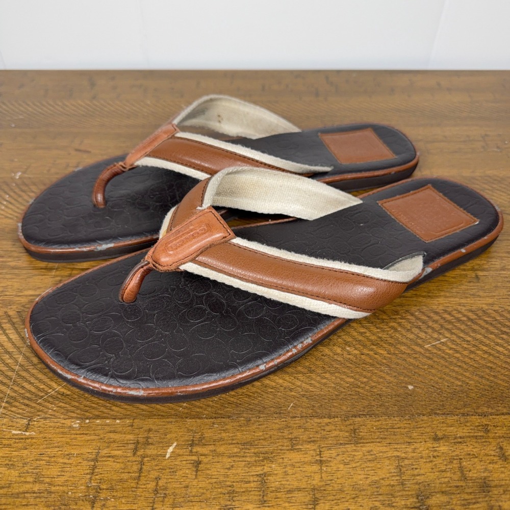 Coach Flip Flops Mens 13 Brown Leather‎ Canvas Signature Monogram Sandals - Picture 2 of 8